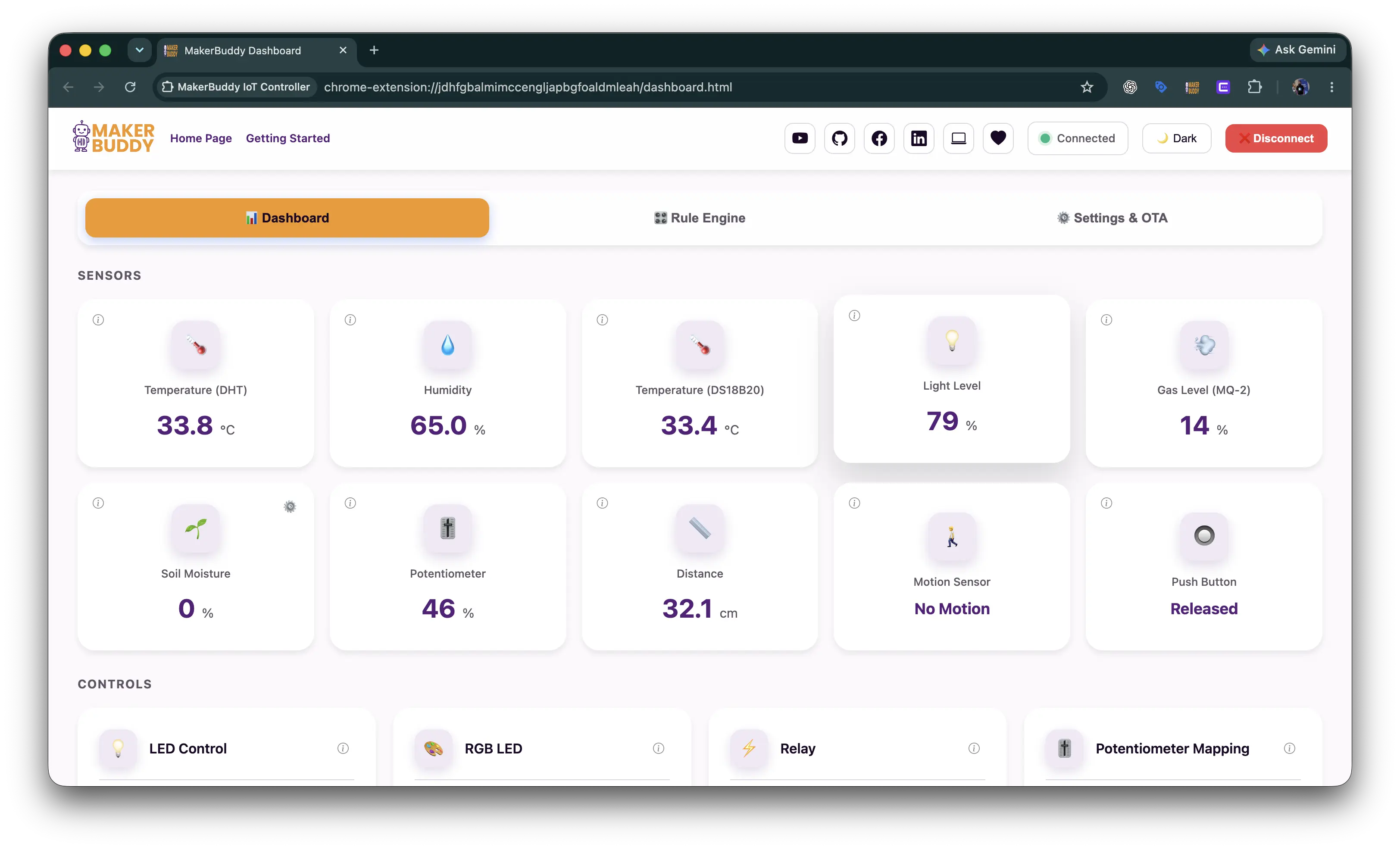 MakerBuddy web dashboard showing live sensor values in the latest interface