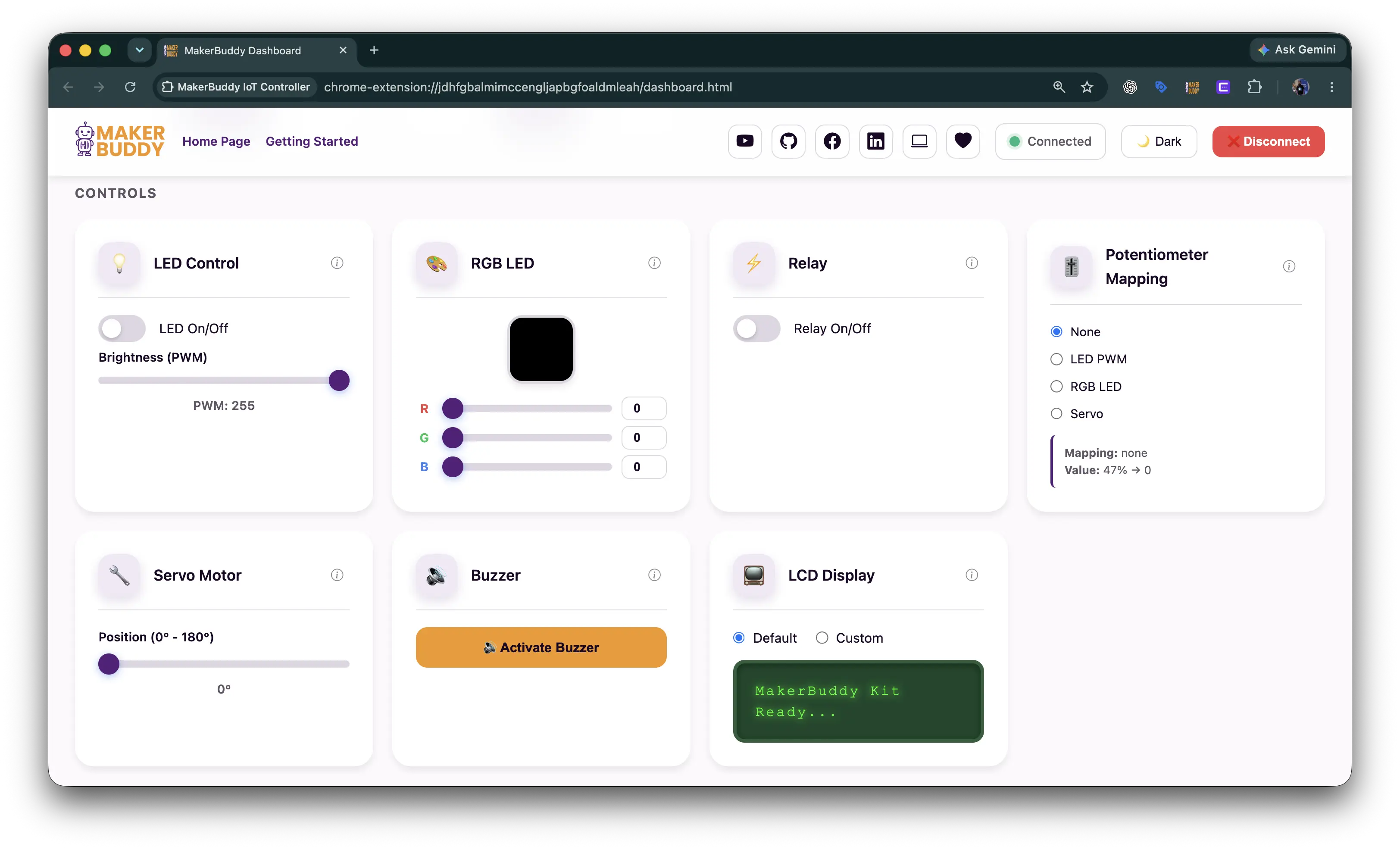 MakerBuddy web dashboard showing actuator controls in the latest interface
