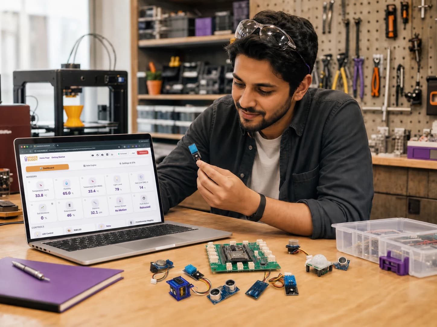 A makerspace professional testing the MakerBuddy IoT Kit with its web dashboard