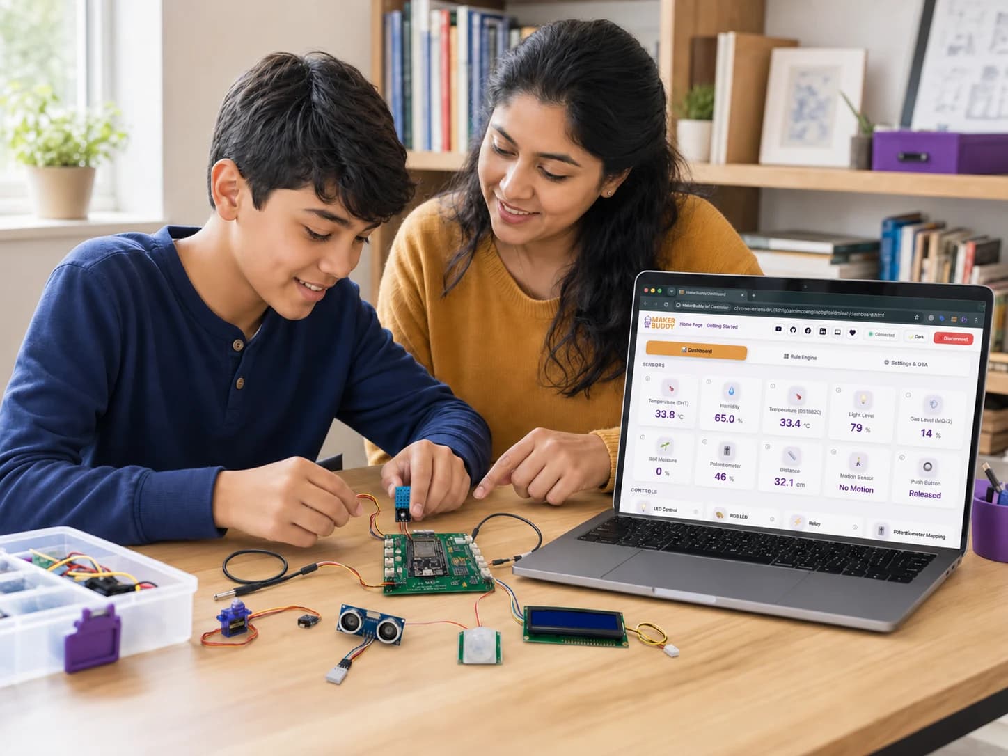 A parent helping a child use the MakerBuddy IoT Kit and web dashboard at home