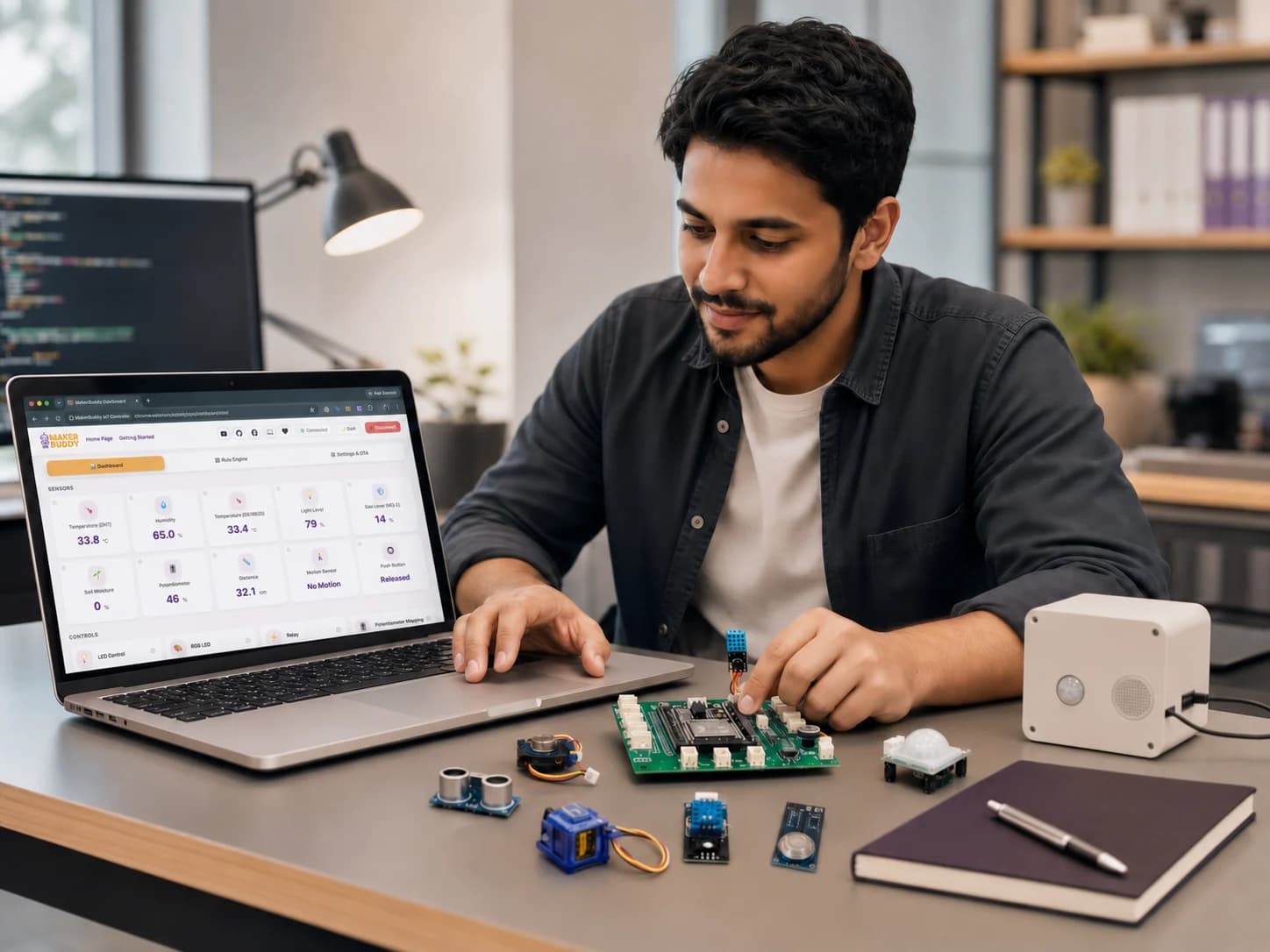 An IoT professional prototyping with the MakerBuddy IoT Kit and web dashboard