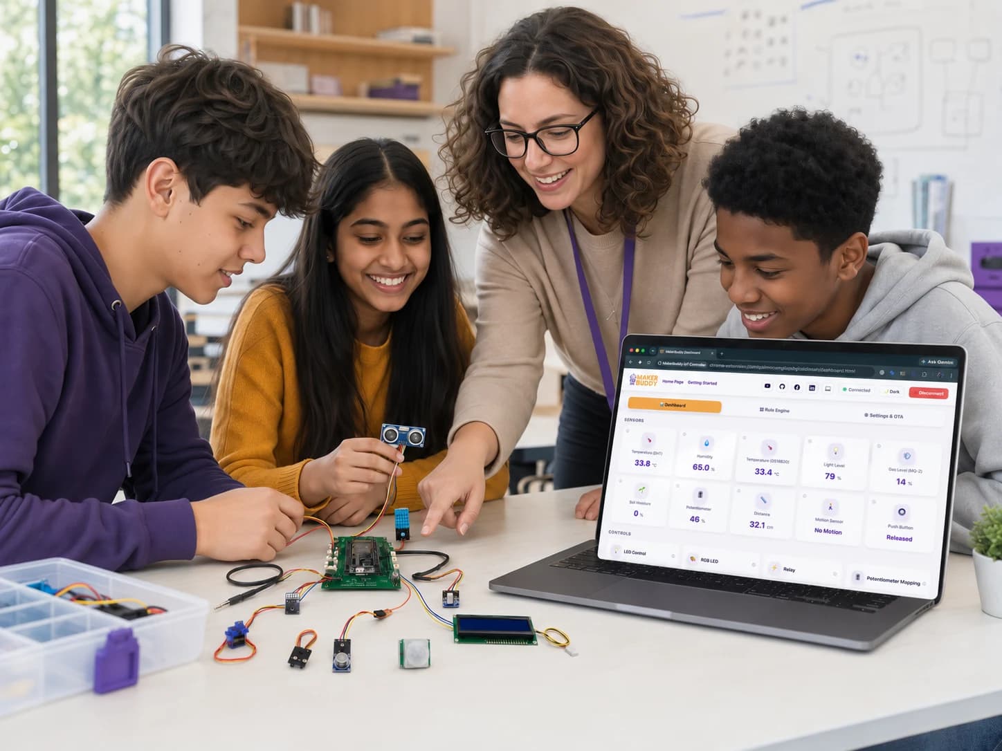 A teacher and students using the MakerBuddy IoT Kit and dashboard in a STEM classroom