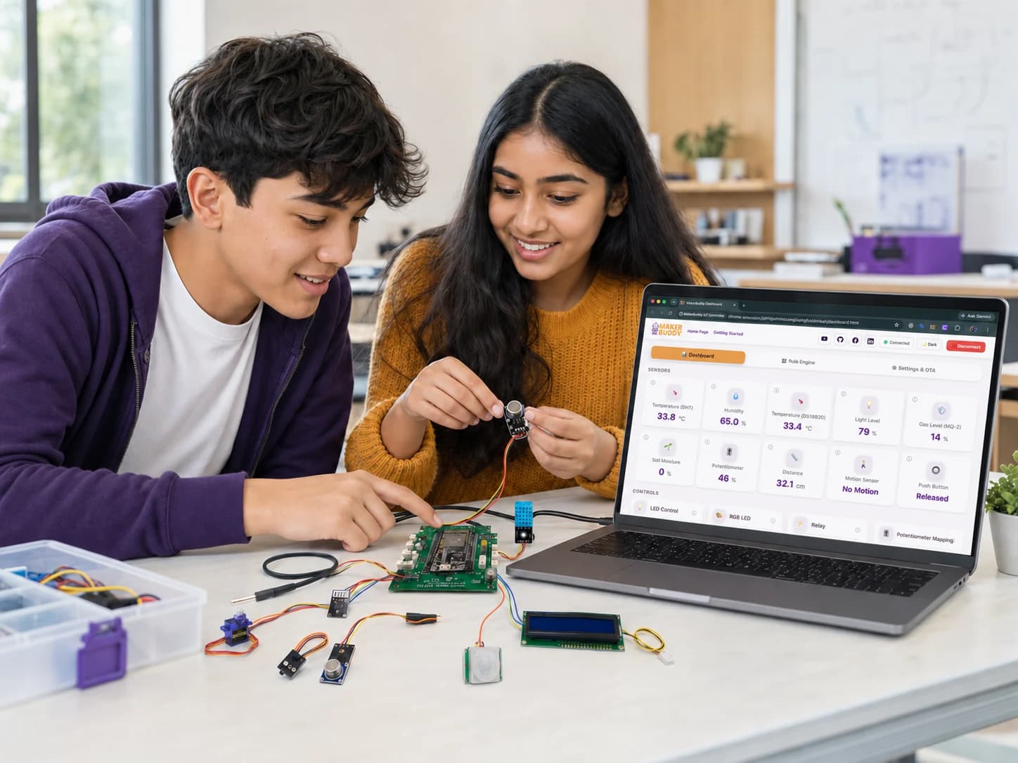 Two students exploring the MakerBuddy IoT Kit with the MakerBuddy Dashboard open on a laptop