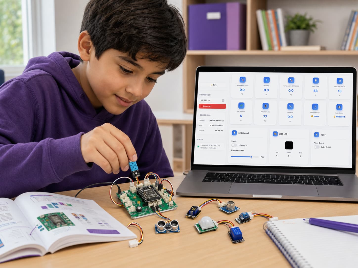 A child using the MakerBuddy IoT Kit beside a laptop showing the MakerBuddy Dashboard