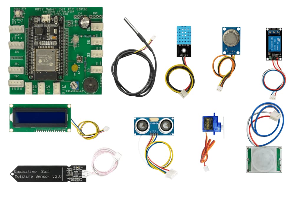 MakerBuddy IoT Kit with ESP32 board and a full set of plug-and-play sensors and actuators
