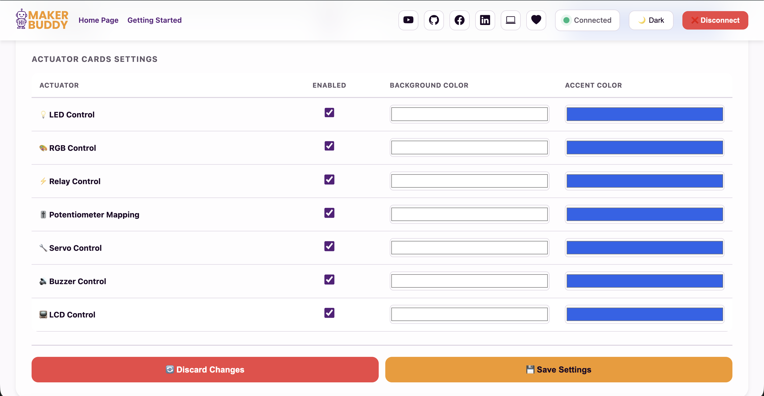 MakerBuddy actuator card visibility and colour settings