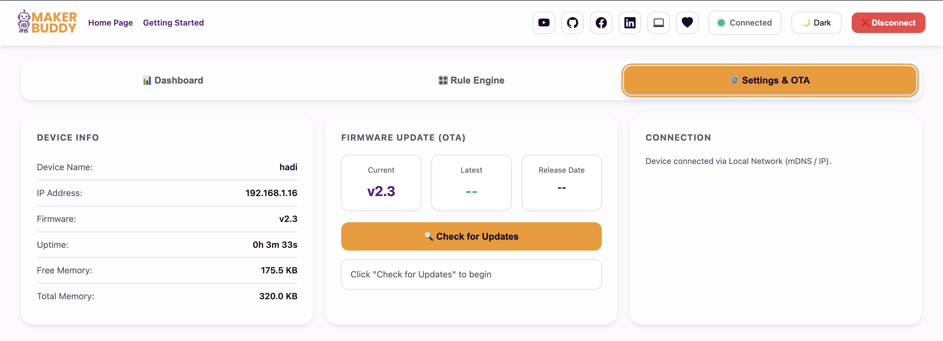 MakerBuddy Settings and OTA page showing device information and local network connection