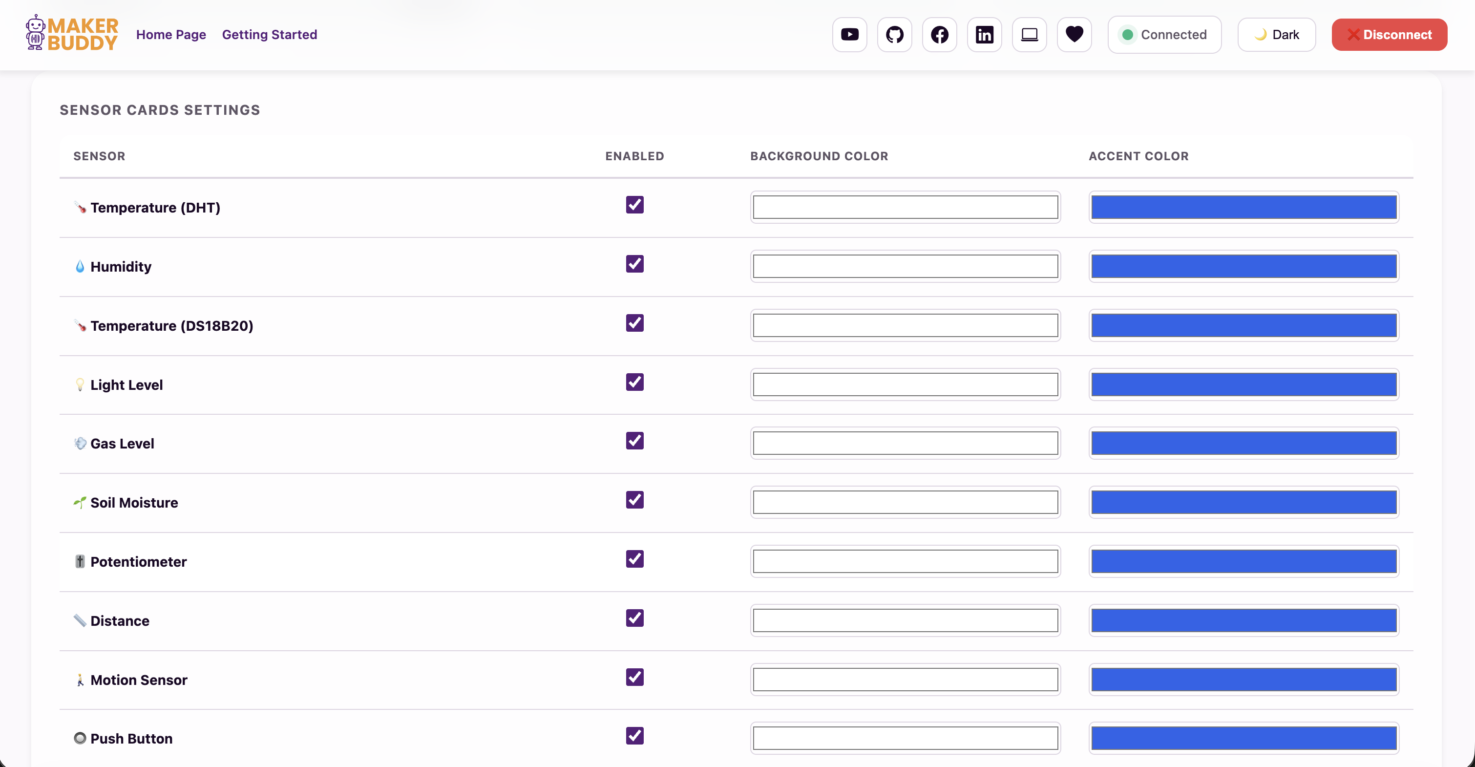 MakerBuddy sensor card visibility and colour settings