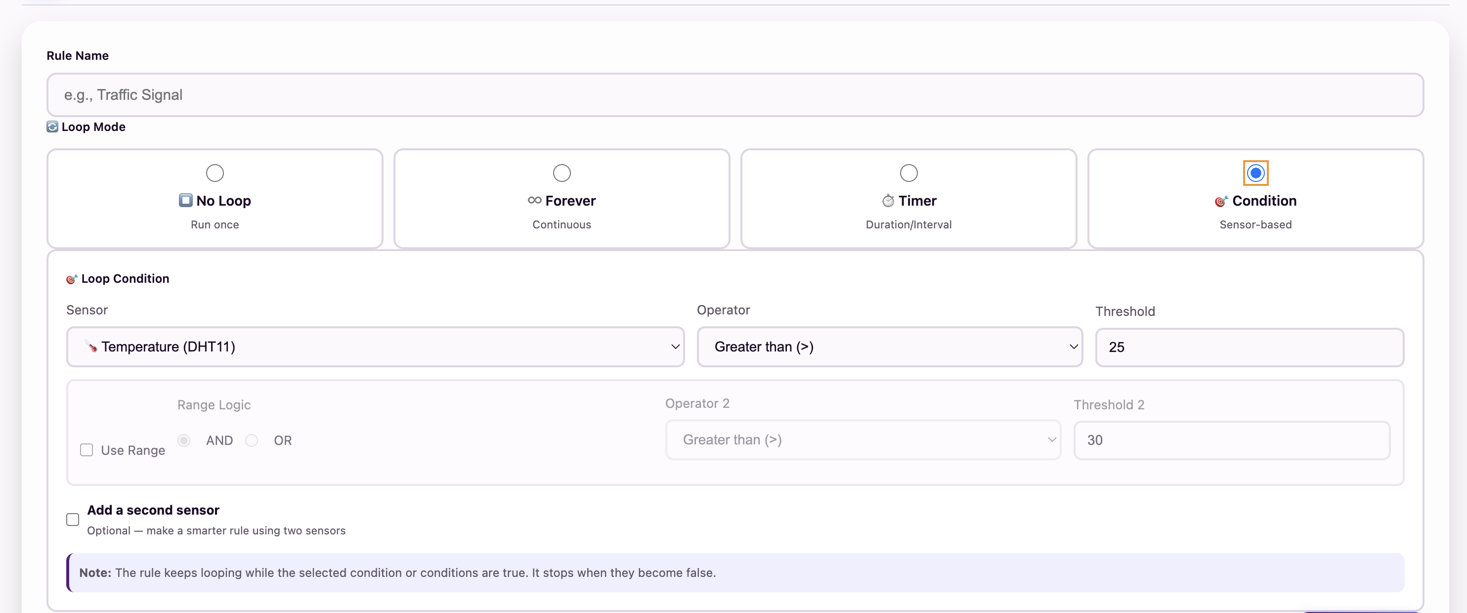 Selecting Condition mode in the updated MakerBuddy Rule Engine