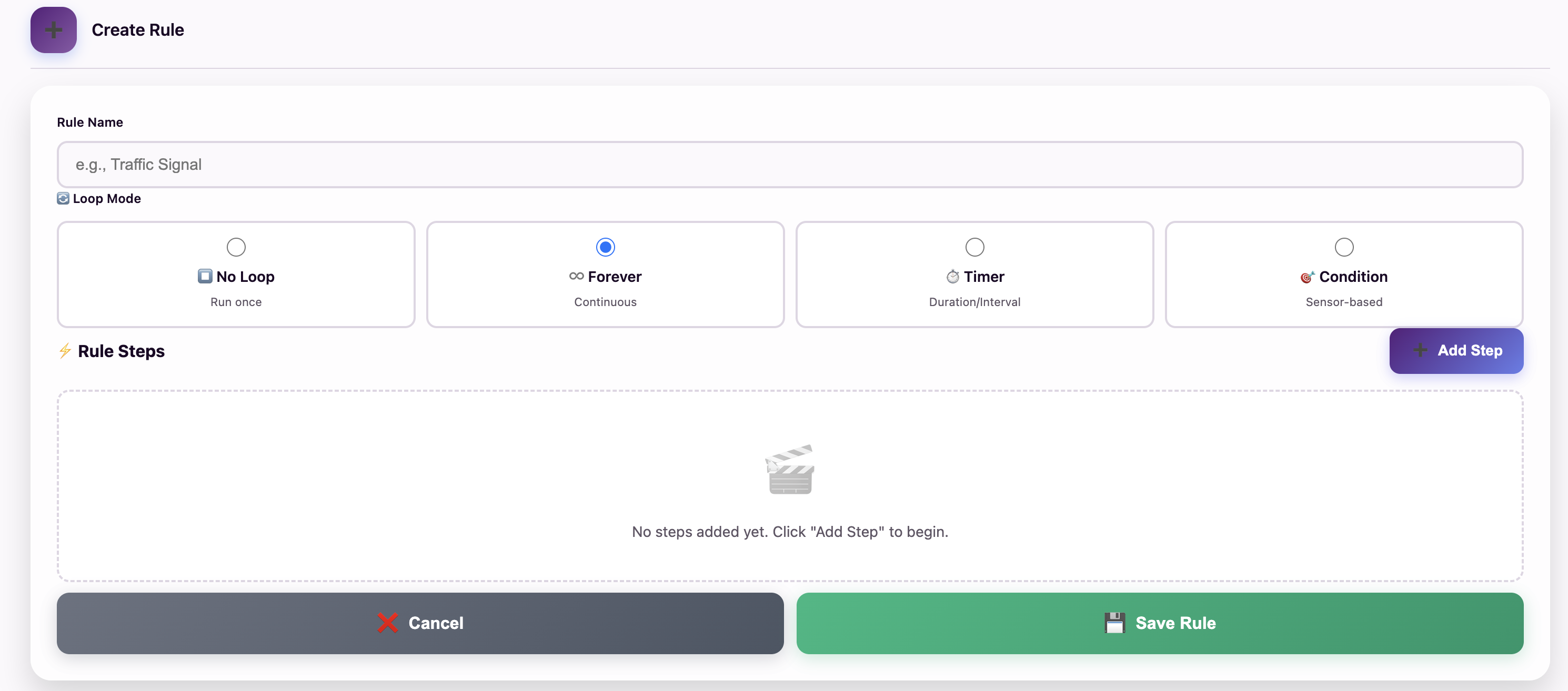 The updated MakerBuddy Rule Engine with Forever mode selected