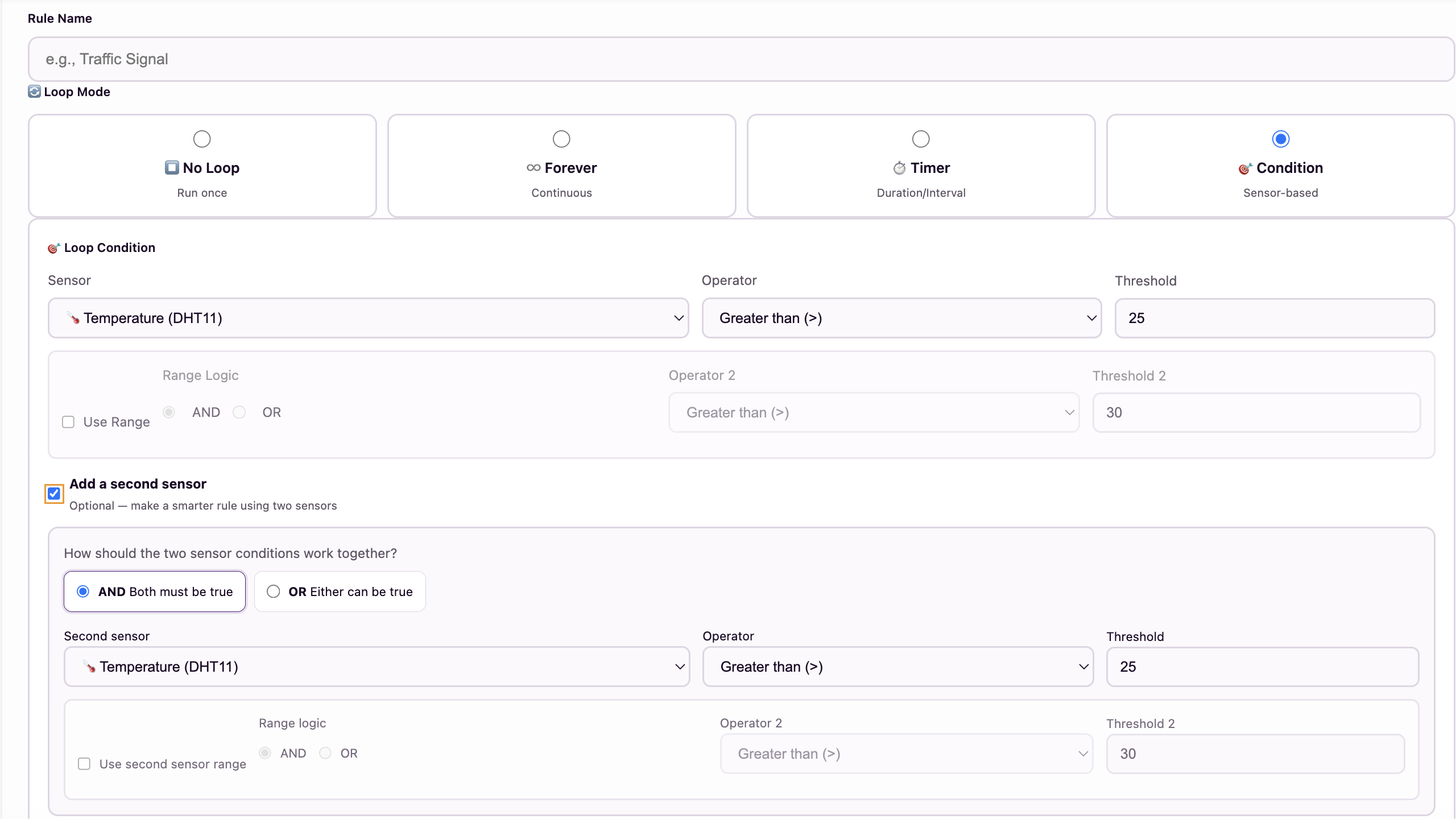 The updated Add a second sensor panel with AND and OR combination options