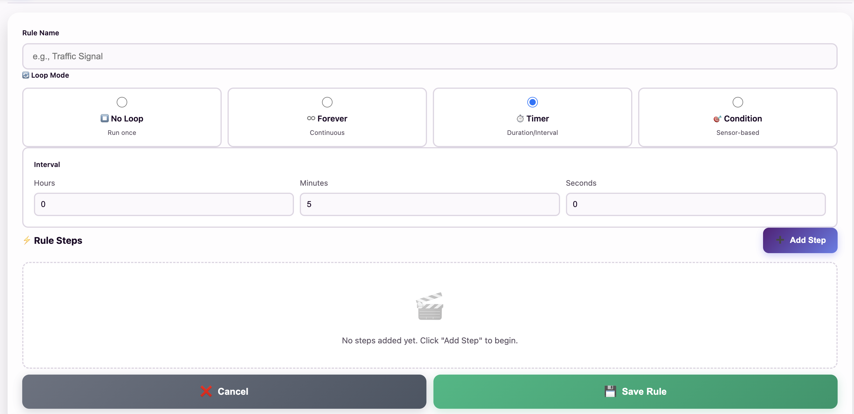 Rule Engine Timer Mode interval settings